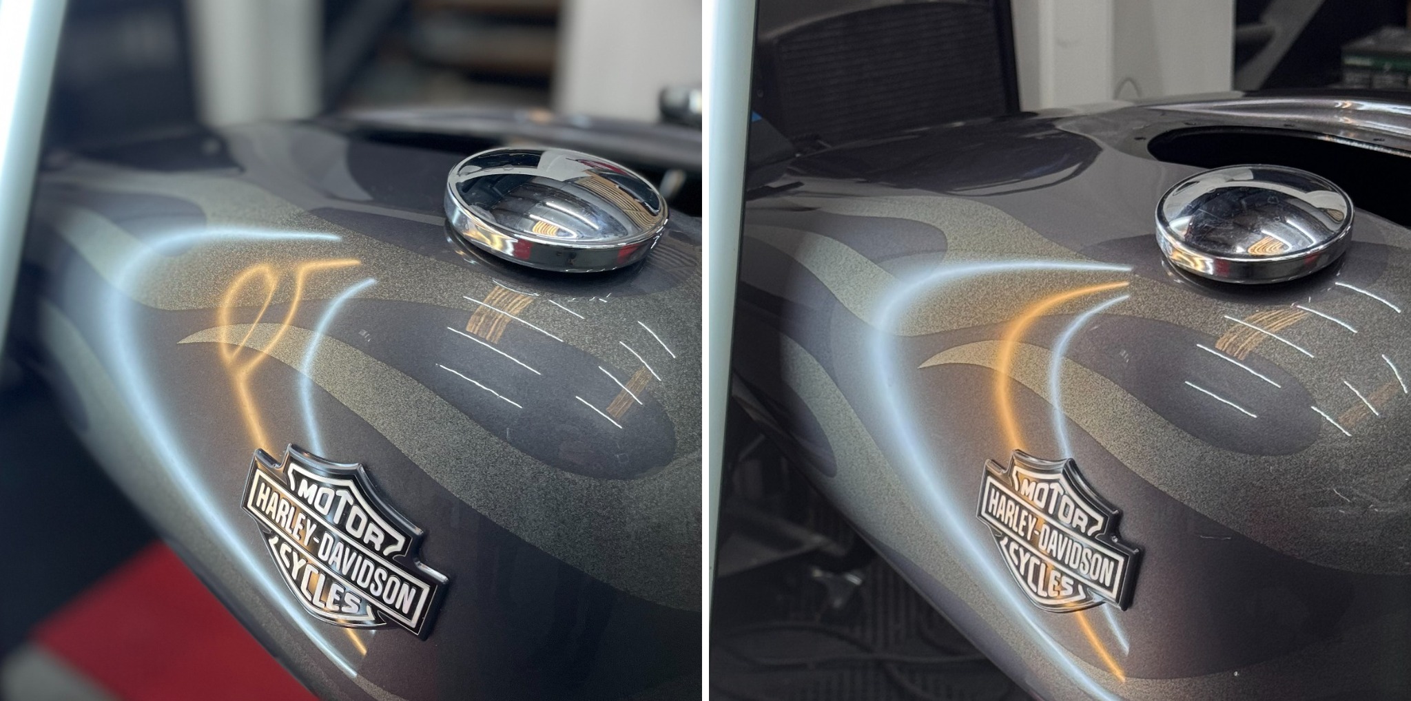 Motorcycle fuel tank before dent repair on the left and after repair on the right