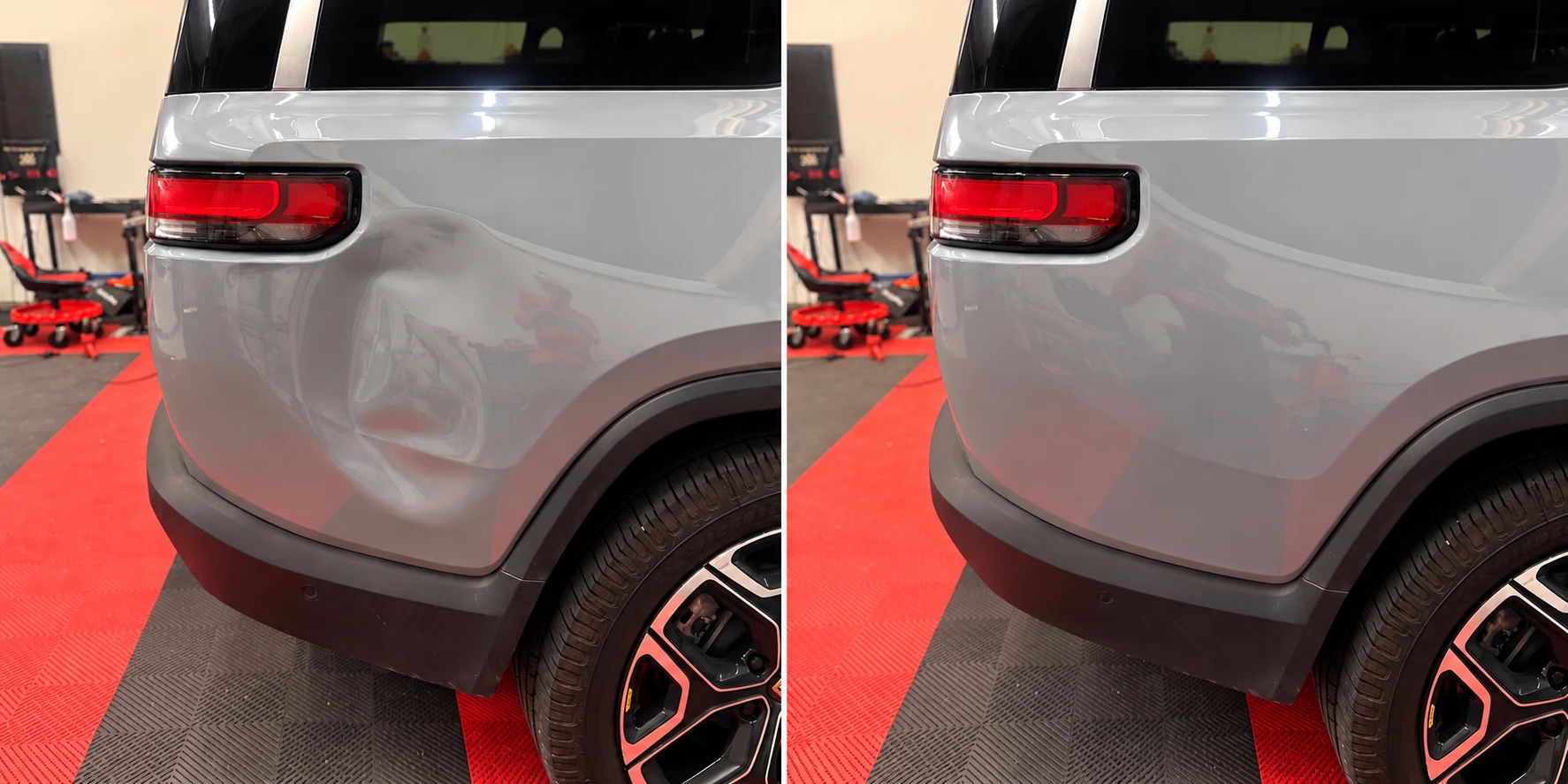 Large Rivian rear quarter panel dent before and after paintless dent repair at Pro Dent in Hoover