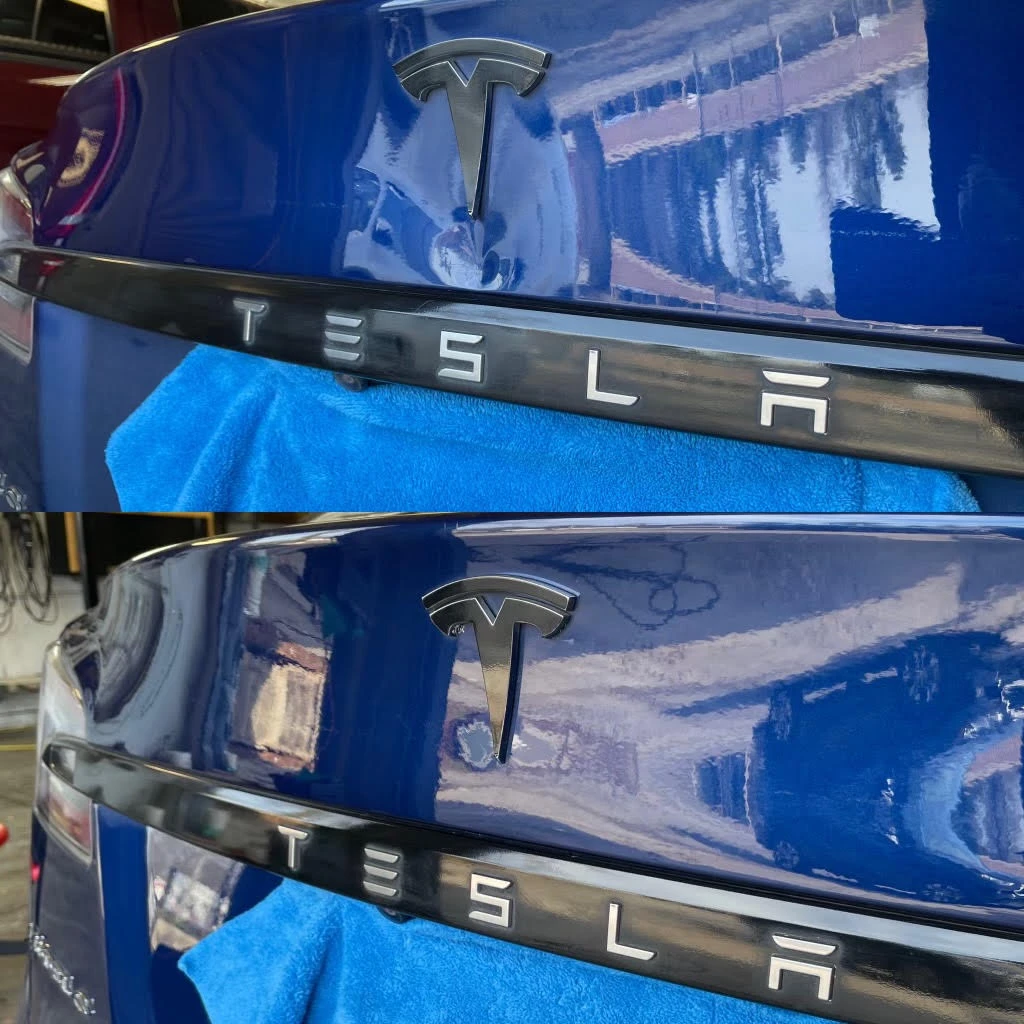 Before and after of a blue Tesla rear panel dent repaired by Pro Dent in Hoover, Alabama